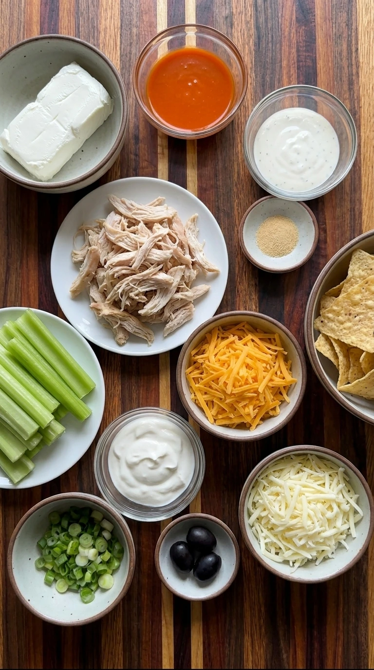 Ingredients for Halloween Boo-ffalo Chicken Dip arranged in separate bowls