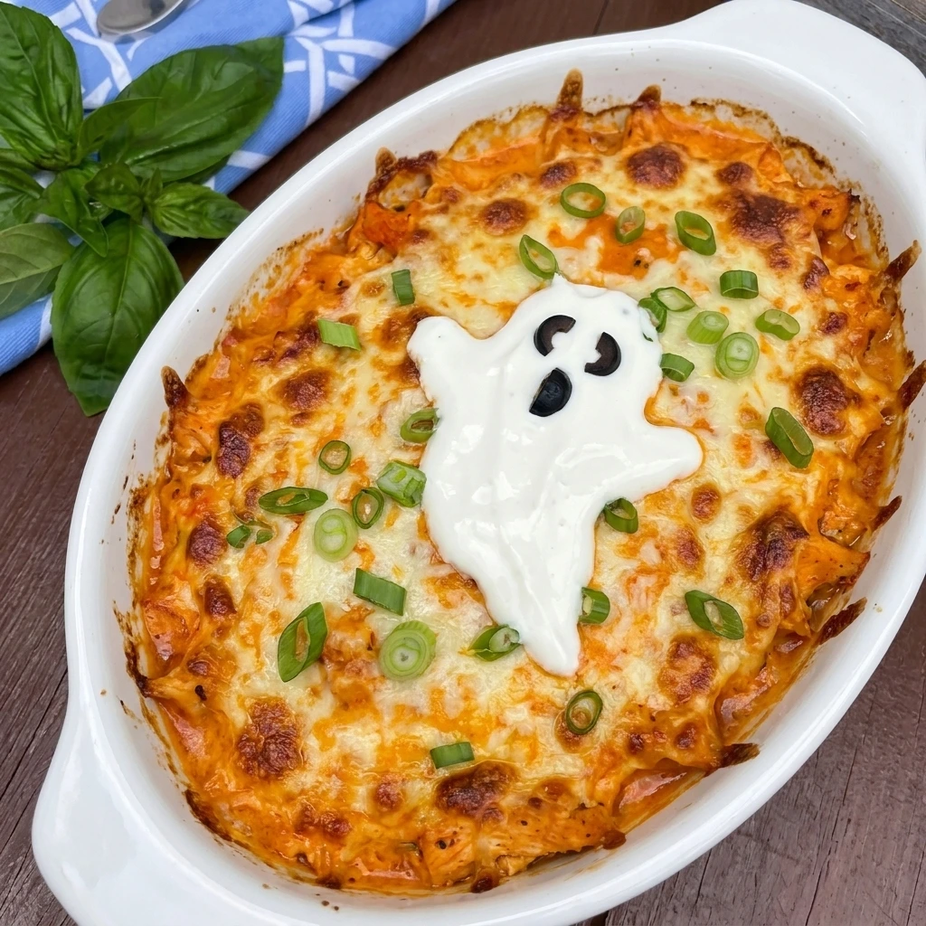 Halloween Boo-ffalo Chicken Dip with melted cheese and a sour cream ghost