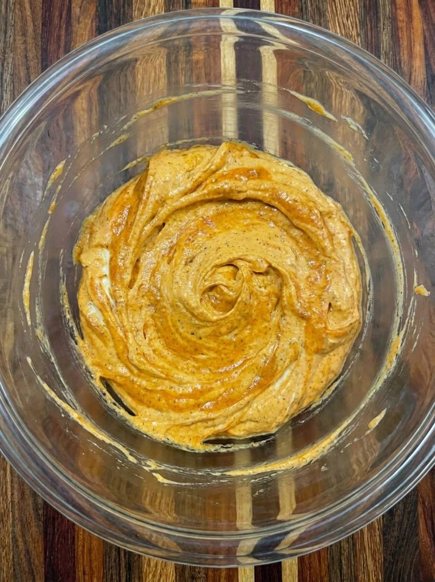 Orange pumpkin cheesecake base mixed for Halloween Cheesecake Fluff