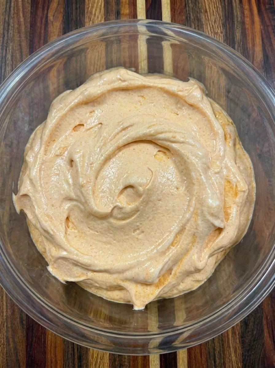 Chilled Halloween Cheesecake Fluff with thick orange swirls