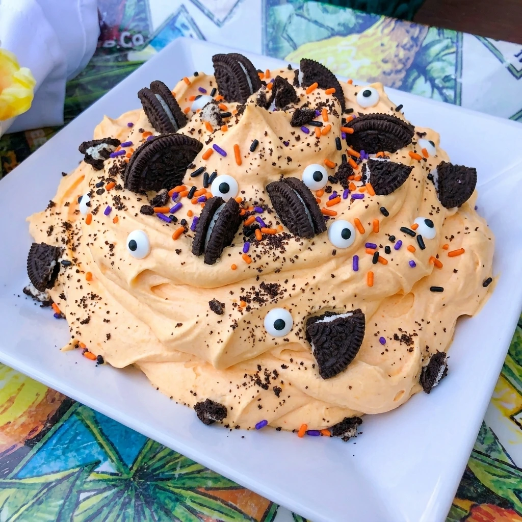 Creamy Halloween Cheesecake Fluff with cookie crumbs and candy eyes