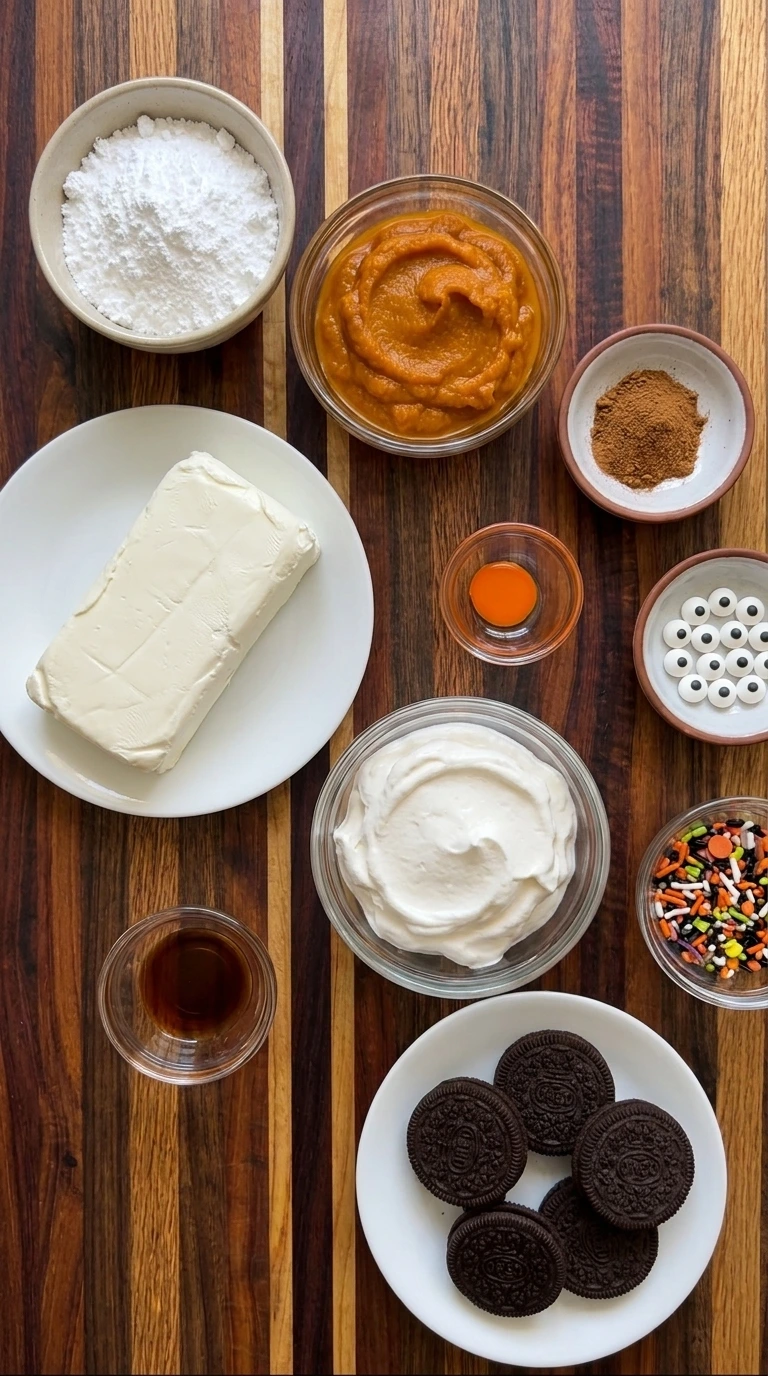 Ingredients for Halloween Cheesecake Fluff arranged in separate containers