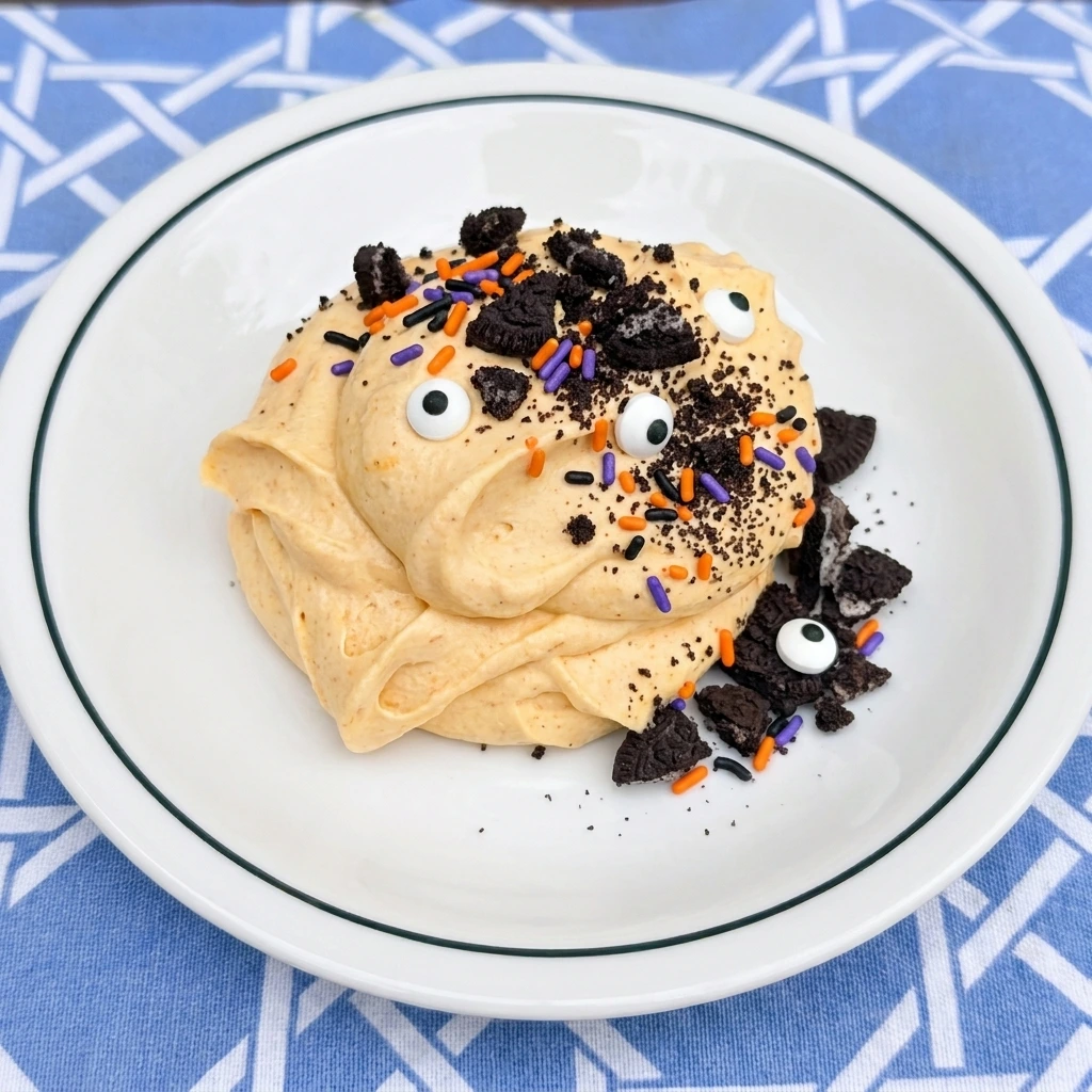 Single serving of Halloween Cheesecake Fluff with cookies and candy eyes