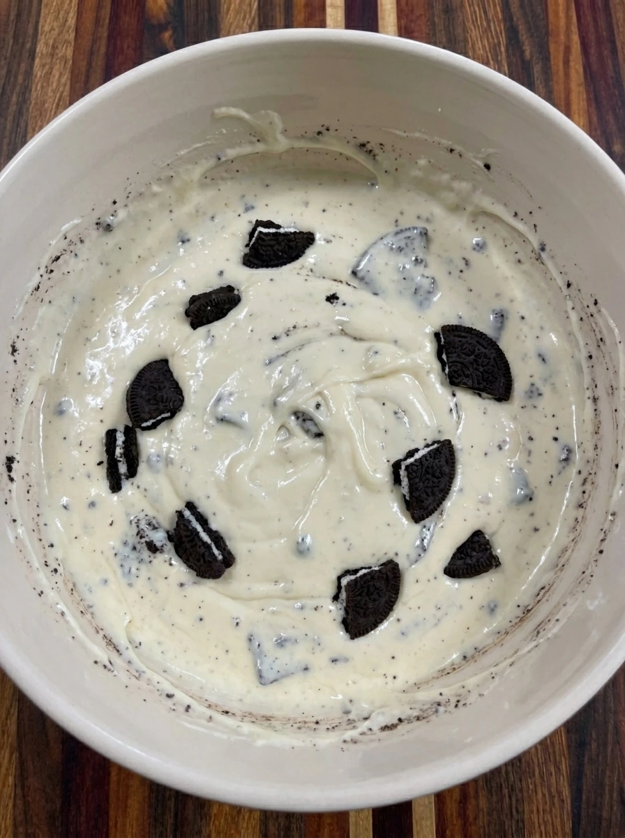 Creamy cheesecake filling with broken chocolate sandwich cookies folded through