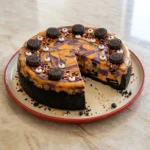 Halloween Cookies and Cream Cheesecake with orange and purple swirls plus Oreo pieces and candy eyes