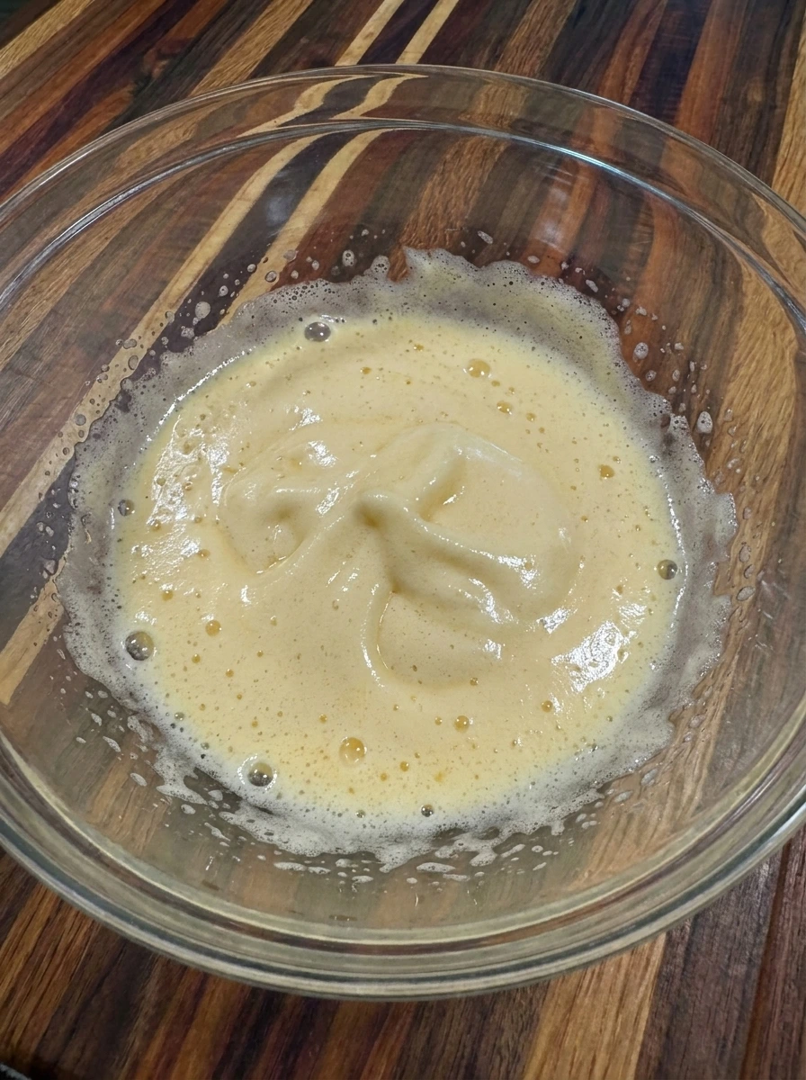 Pale whipped eggs and sugar for Halloween Ghost Madeleines