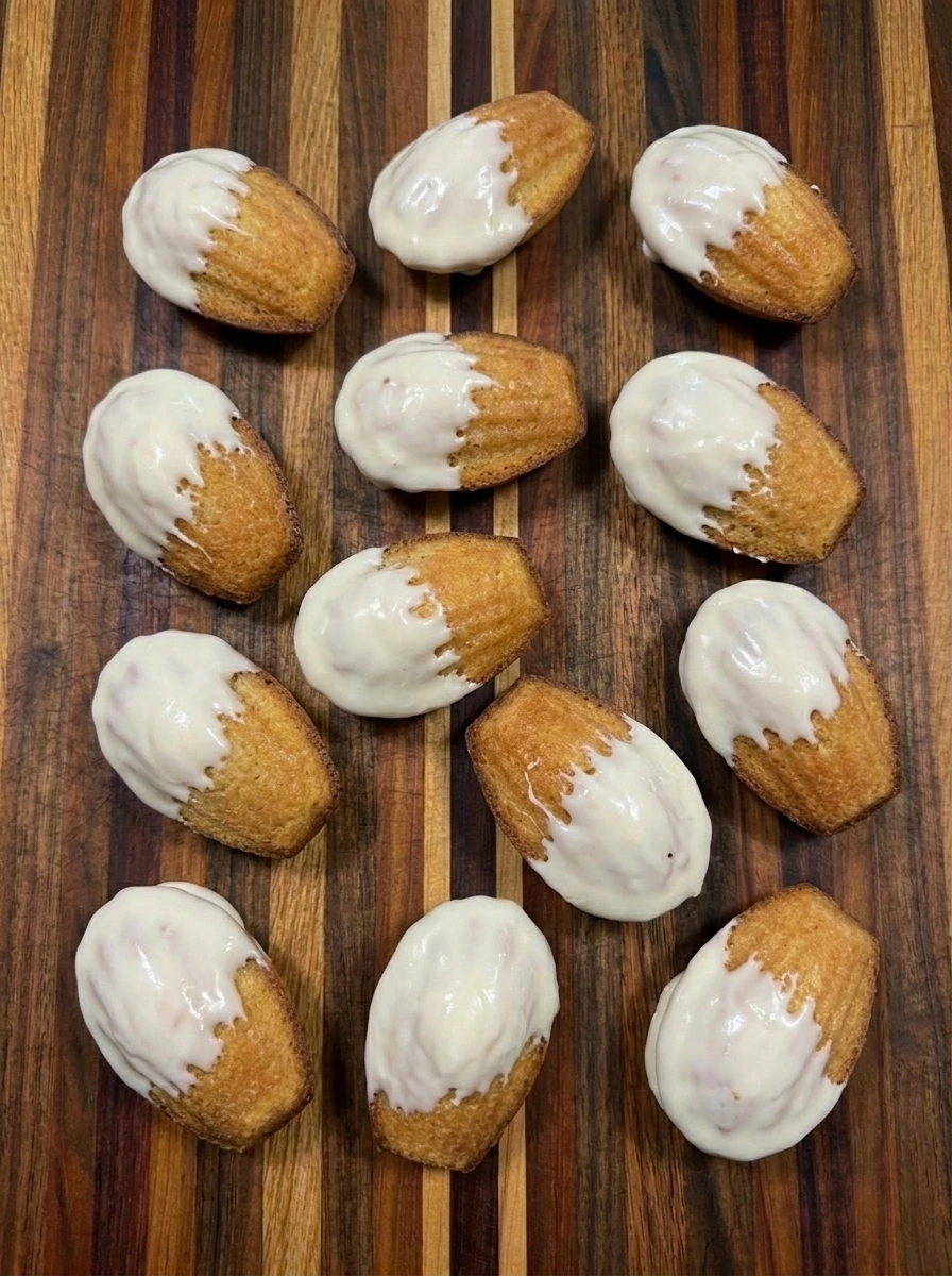 Twelve madeleines dipped in white chocolate to form ghost shapes