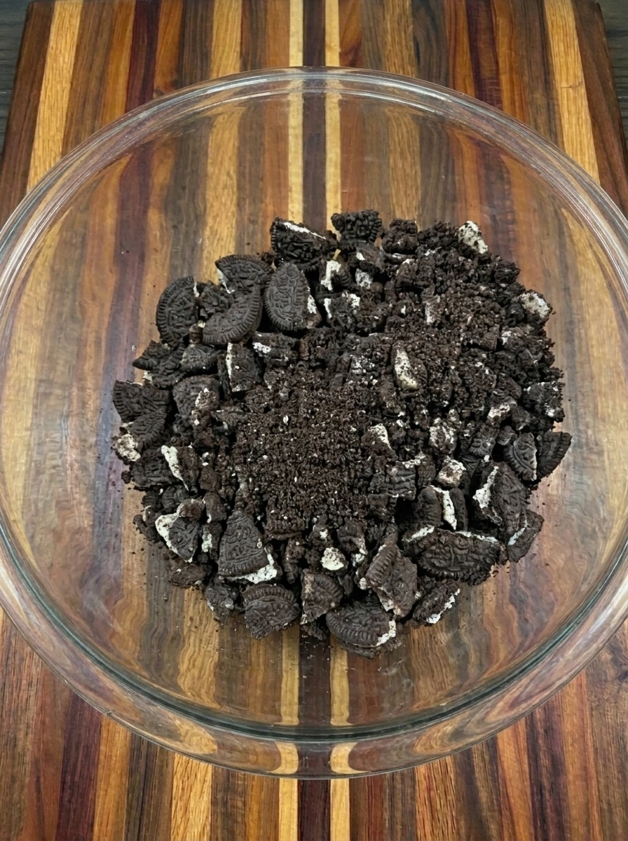 Crushed chocolate cookie soil for Halloween Graveyard Dirt Cups