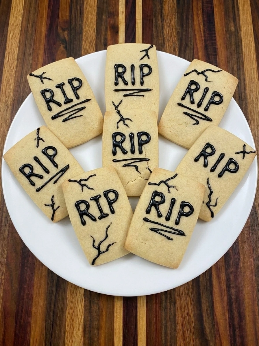 Eight cookie tombstones decorated with RIP lettering for Halloween dirt cups