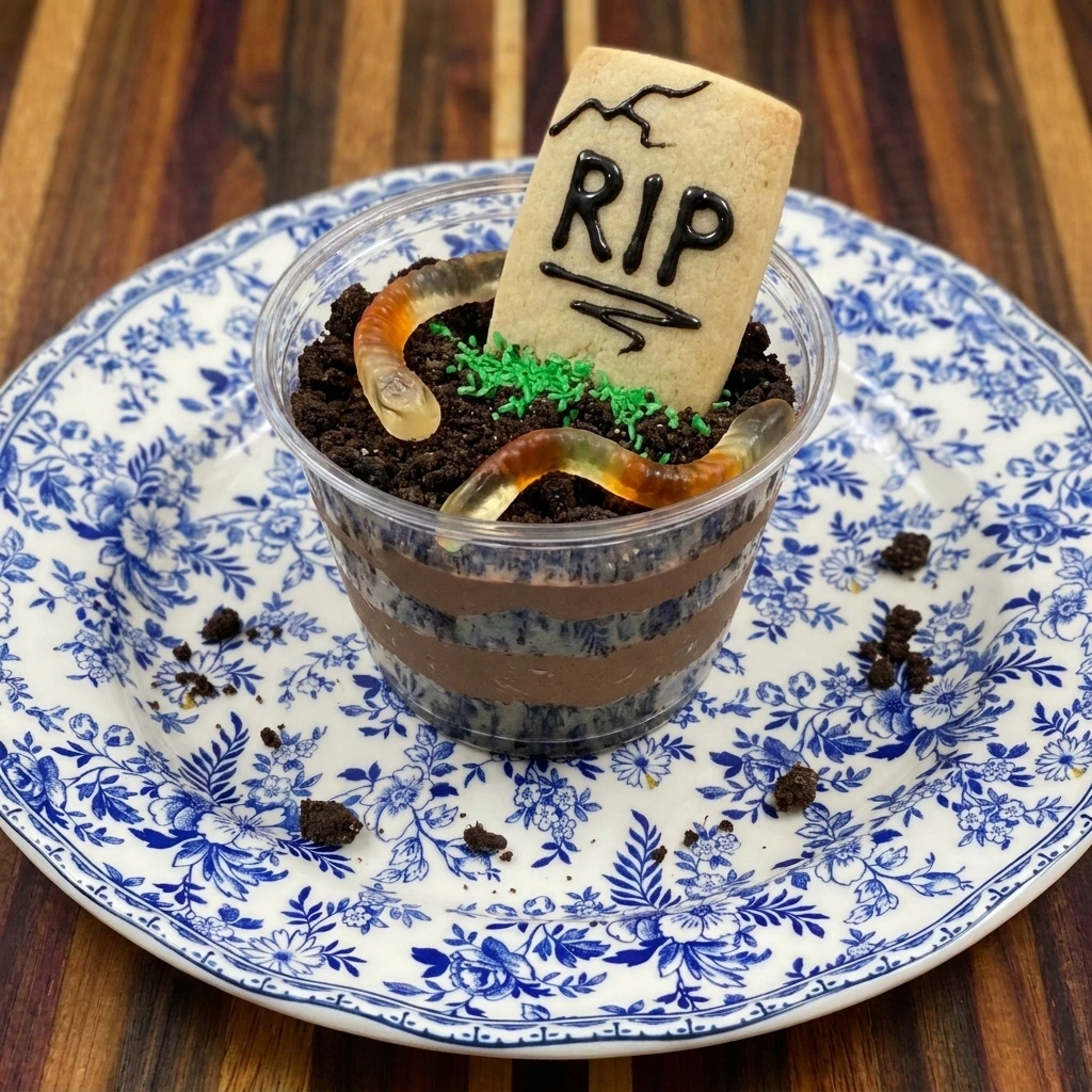 Single Halloween Graveyard Dirt Cup with tombstone gummy worms and cookie soil