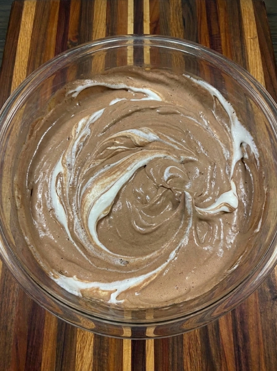 Whipped topping folded into chocolate pudding for Halloween dirt cups
