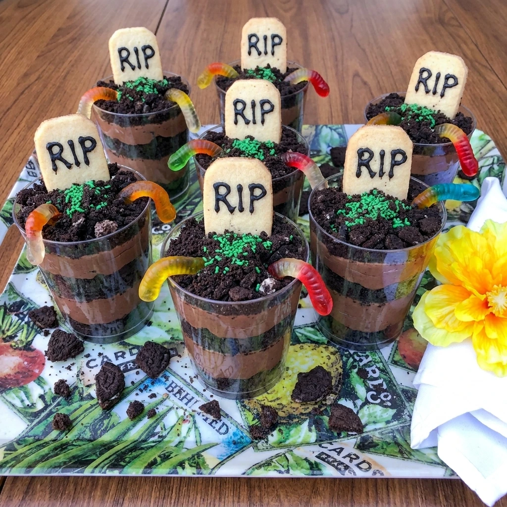 Halloween Graveyard Dirt Cups with chocolate pudding cookie crumbs tombstones and gummy worms