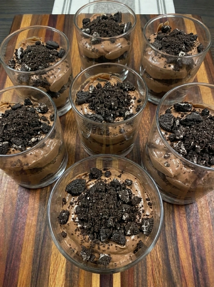 Chocolate mousse and cookie crumbs layered in eight Halloween dirt cups