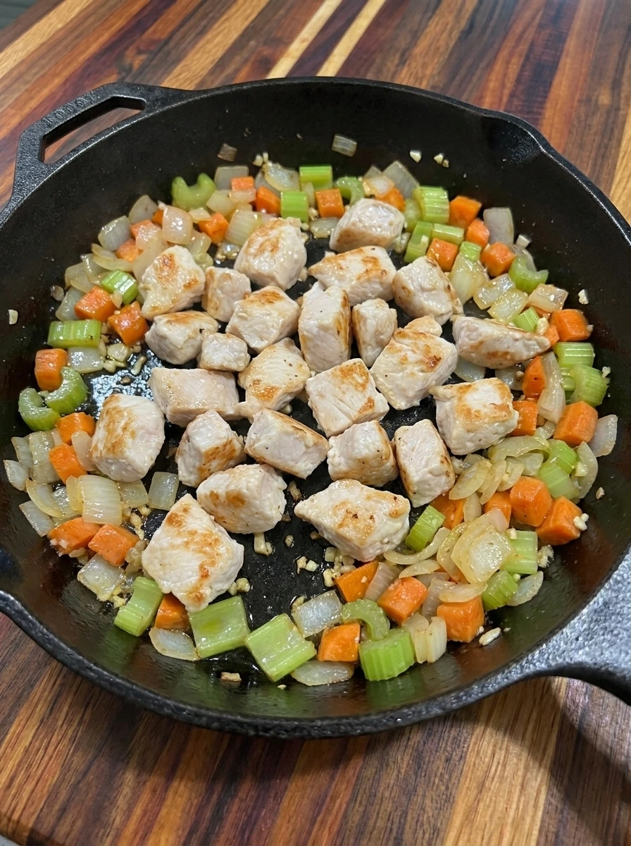 Browned chicken and softened vegetables for Halloween Pot Pie