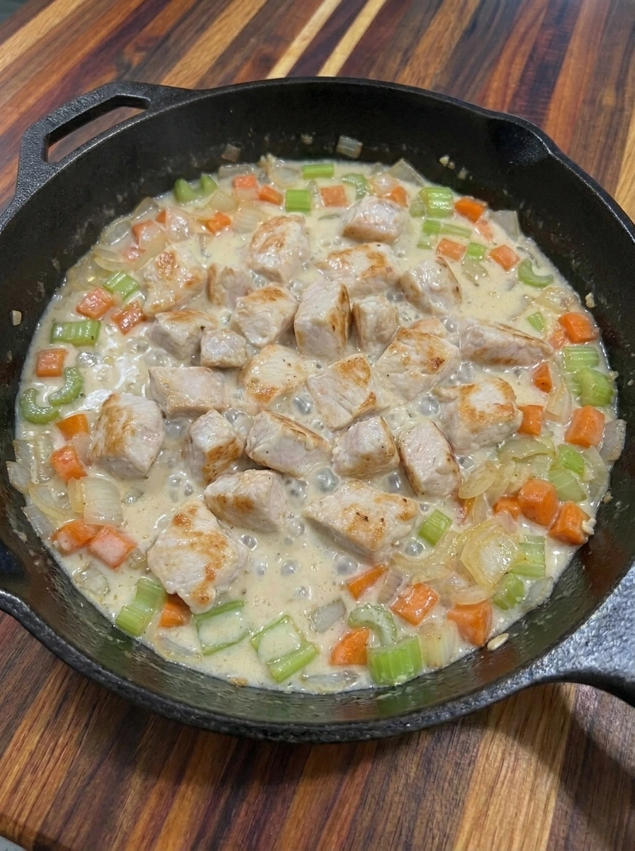 Creamy chicken filling thickening for Halloween Pot Pie