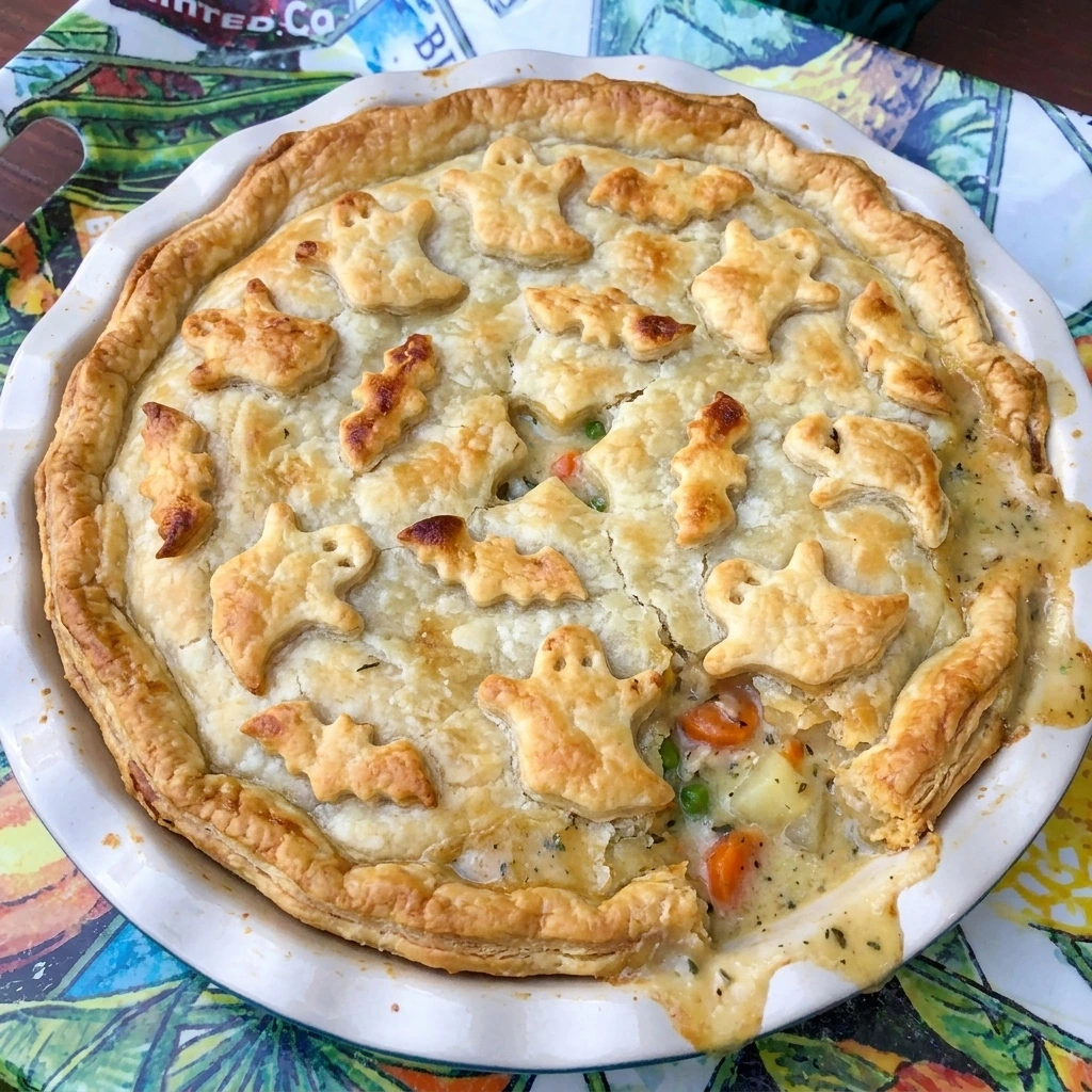 Halloween Pot Pie with golden spooky puff pastry shapes