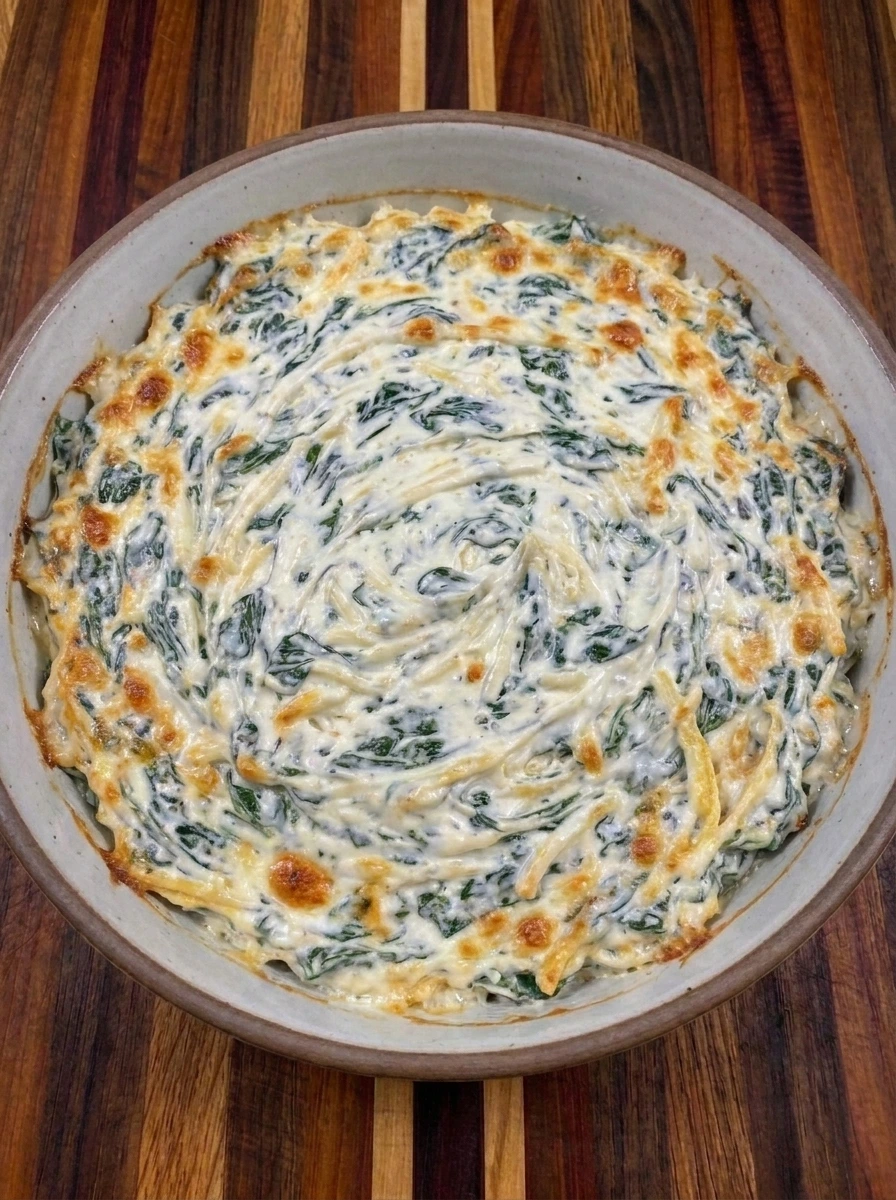 Baked Halloween Spinach Dip bubbling with lightly browned cheese
