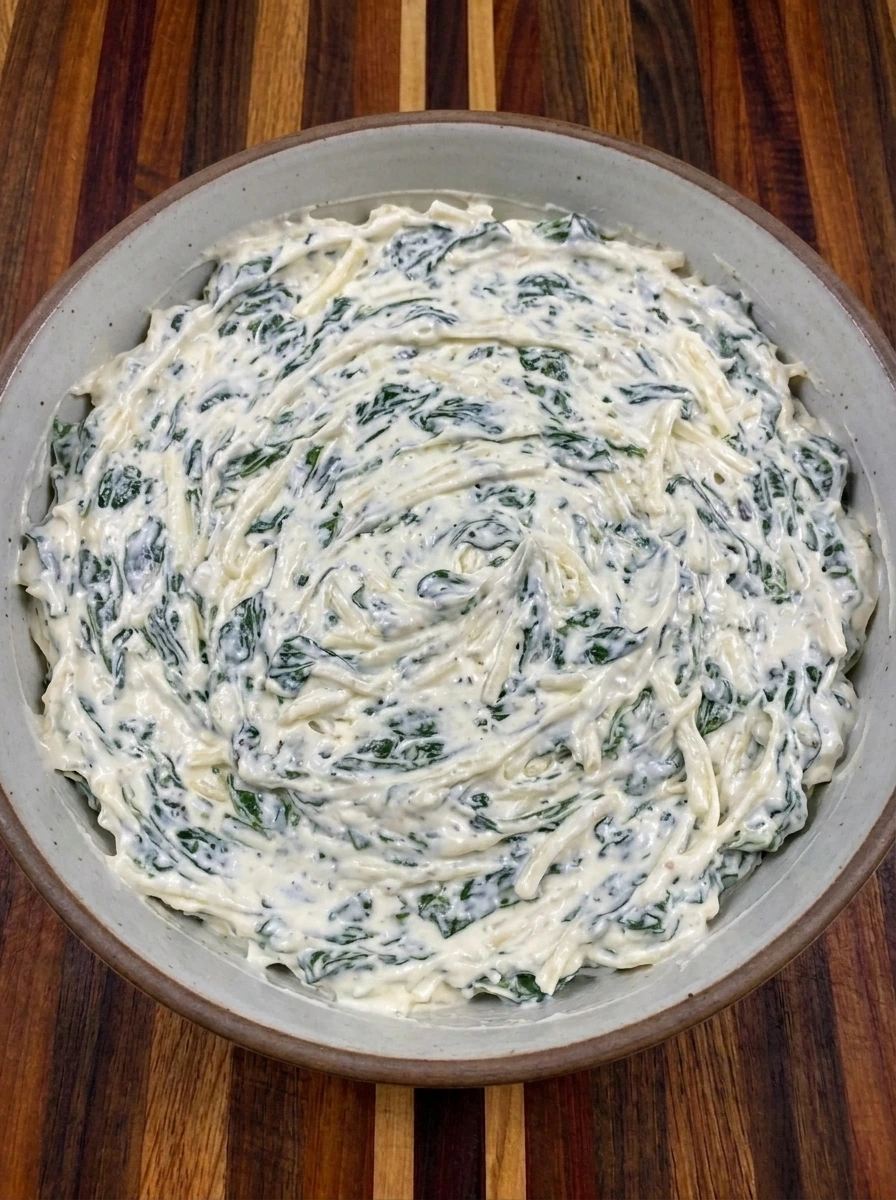Halloween Spinach Dip spread inside a ceramic baking dish