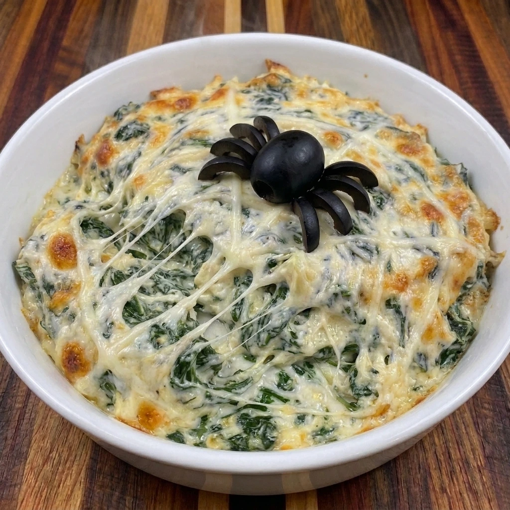 Halloween Spinach Dip with mozzarella spiderweb and black olive spider