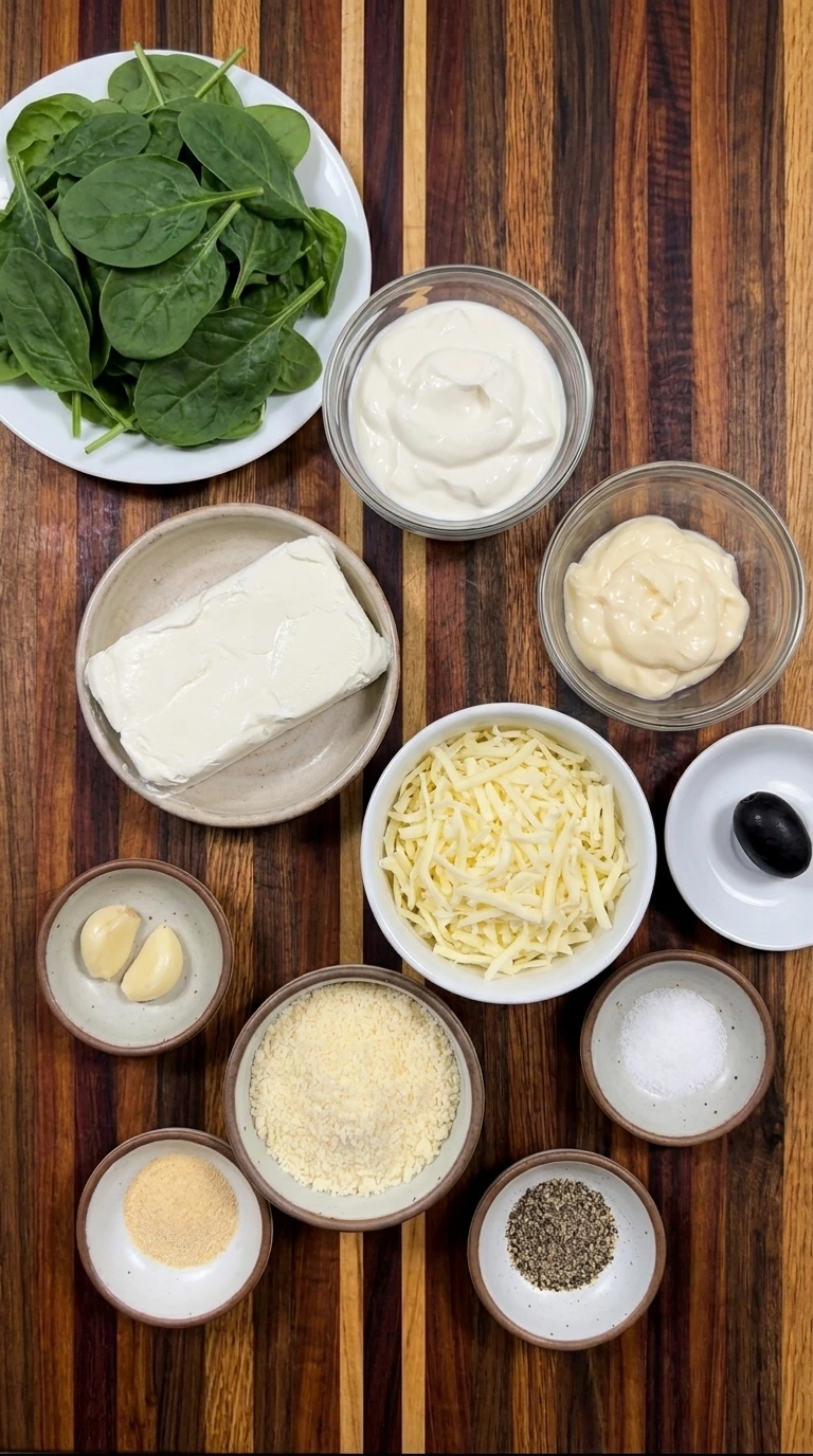 Ingredients for Halloween Spinach Dip in separate small containers