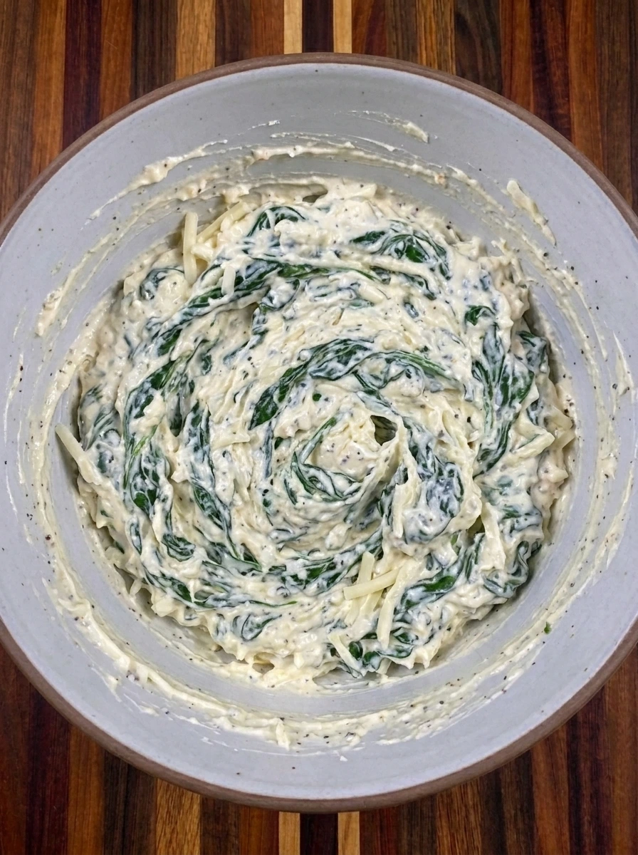 Creamy spinach filling mixed for Halloween Spinach Dip