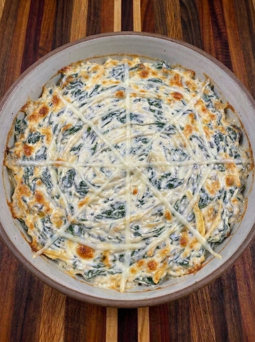 Mozzarella spiderweb melted over Halloween Spinach Dip