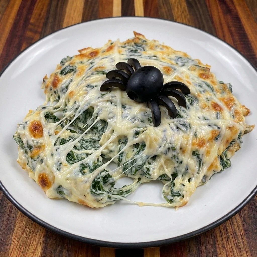 Single serving of Halloween Spinach Dip with melted cheese and olive spider