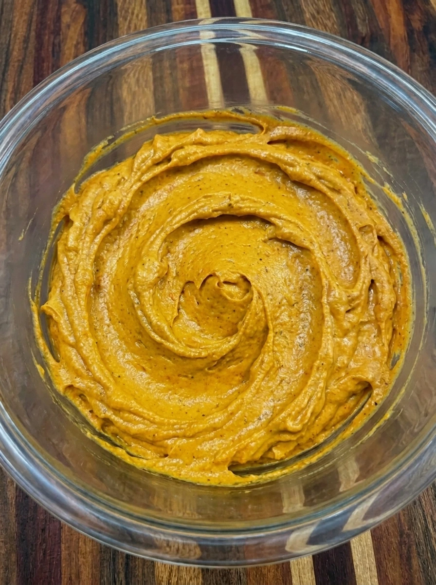 Creamy orange pumpkin dip mixed for Halloween veggie tray