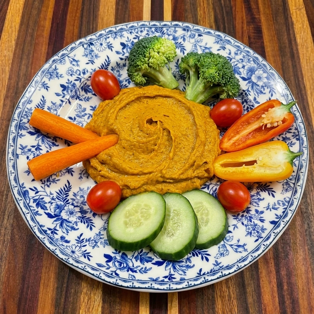 Single serving of Halloween vegetables with pumpkin dip