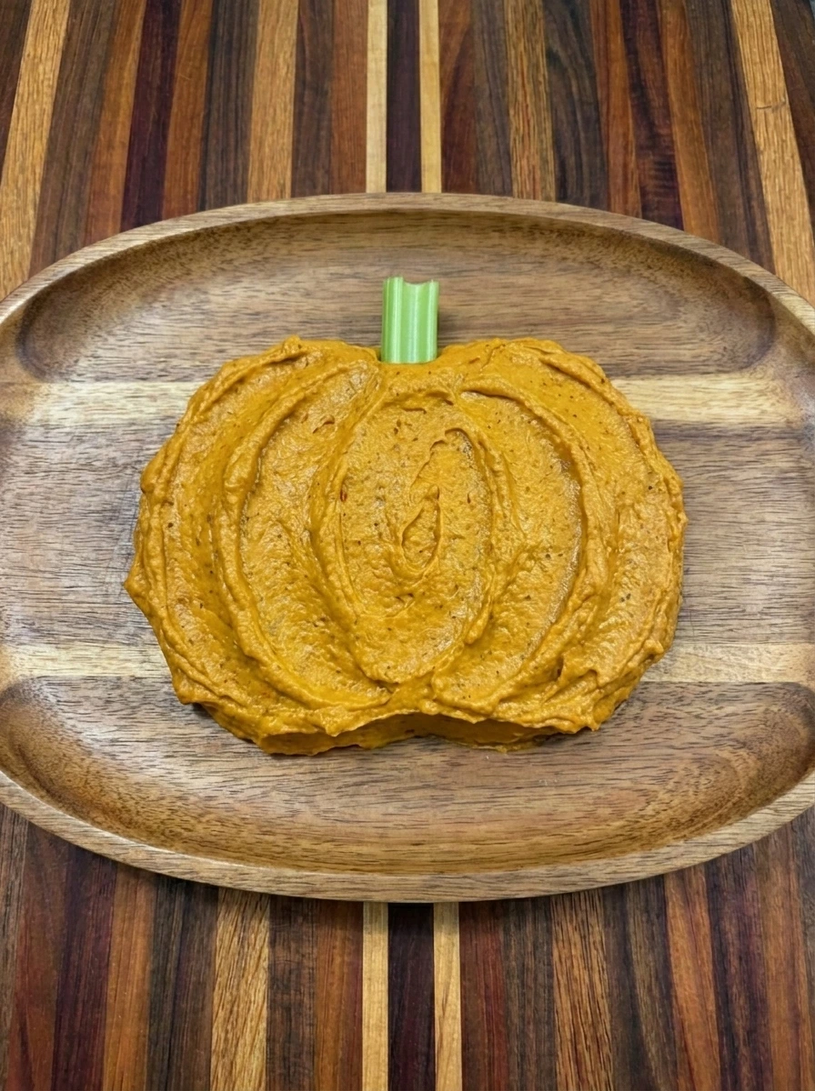 Pumpkin shaped dip centered on platter for Halloween veggie tray