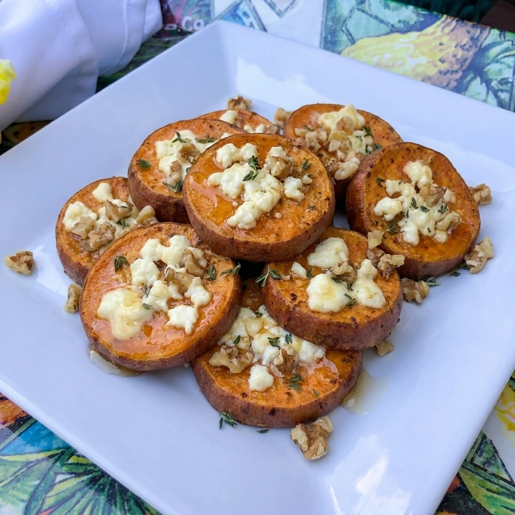 Honey Feta Sweet Potato Rounds with feta honey thyme and walnuts