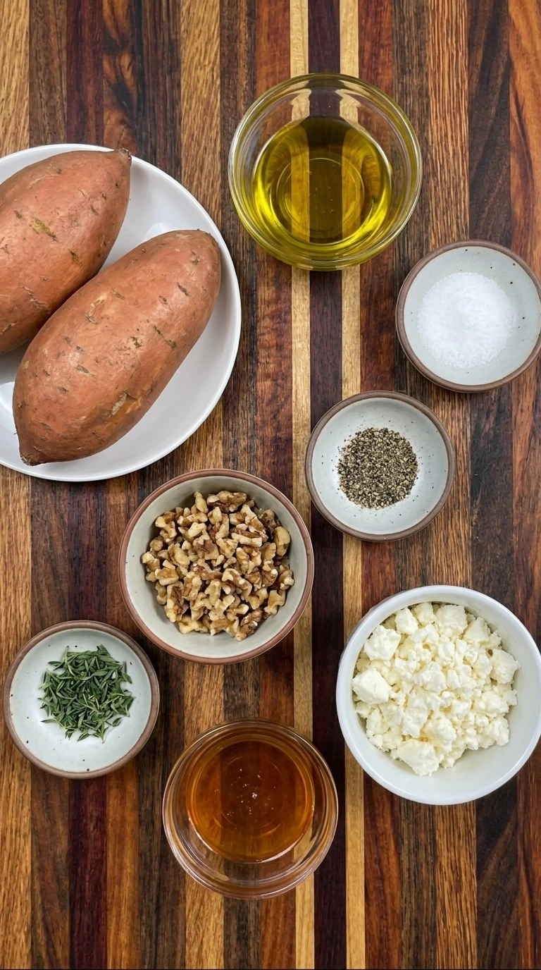 Ingredients for Honey Feta Sweet Potato Rounds arranged in separate containers