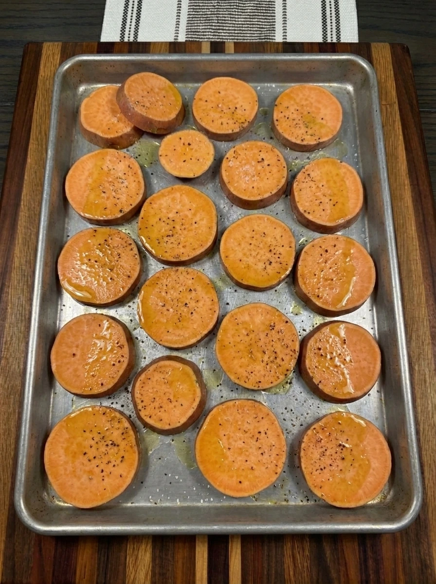 Seasoned sweet potato rounds ready for roasting