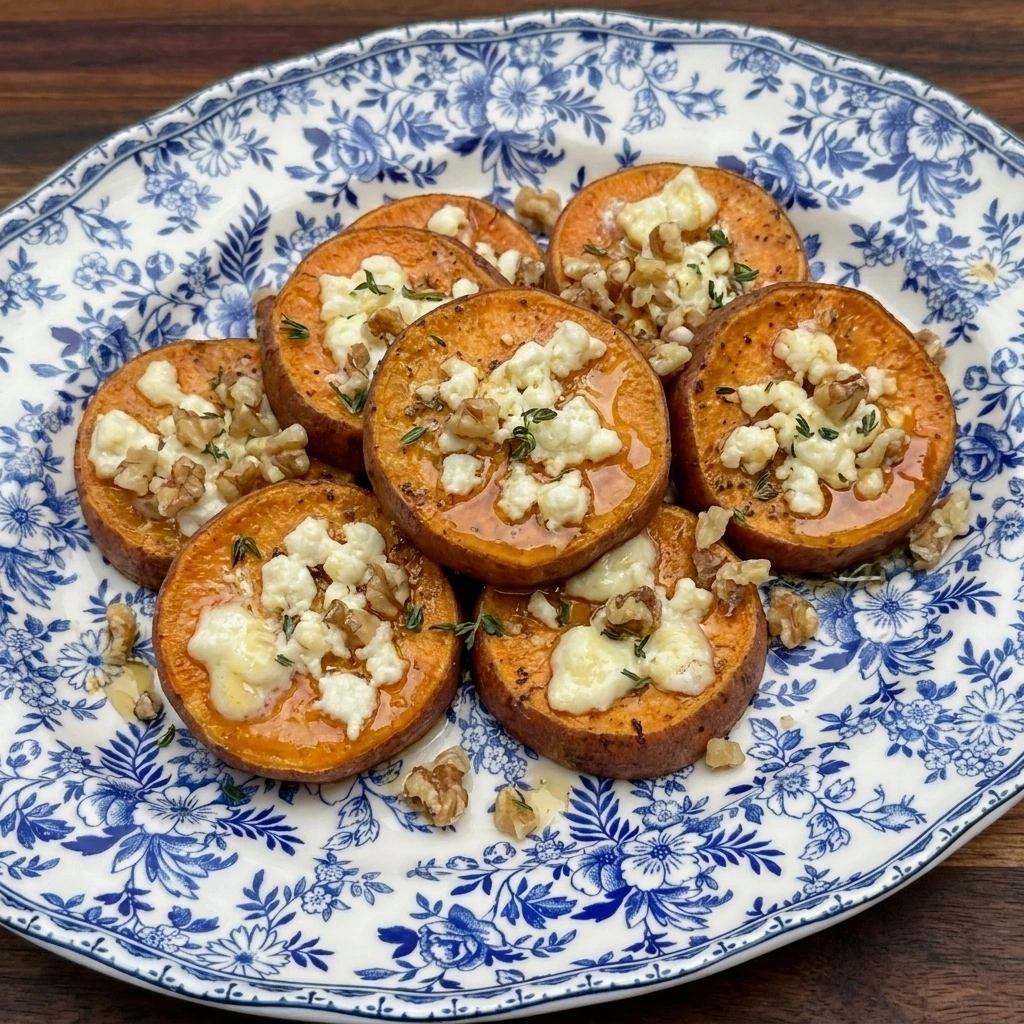 Single serving of Honey Feta Sweet Potato Rounds finished with honey thyme and walnuts