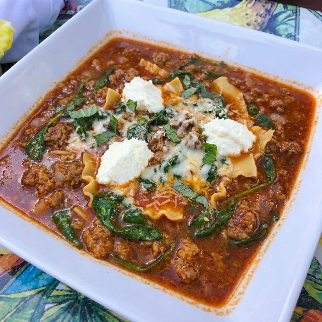 Lasagna Soup with beef noodles ricotta mozzarella and basil