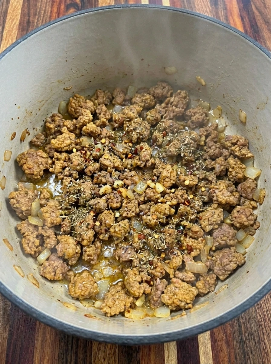 Brown the beef with onion and garlic for Lasagna Soup