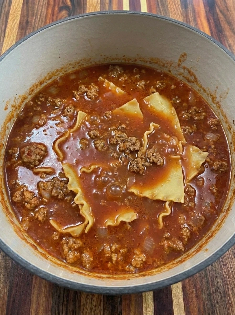 Simmer the broken noodles in broth for Lasagna Soup