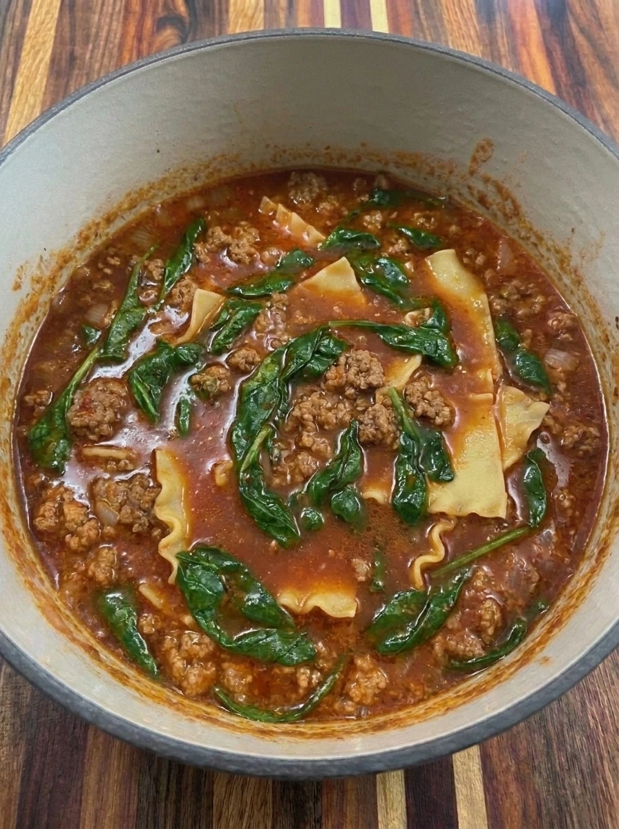 Wilt the spinach into the soup for Lasagna Soup