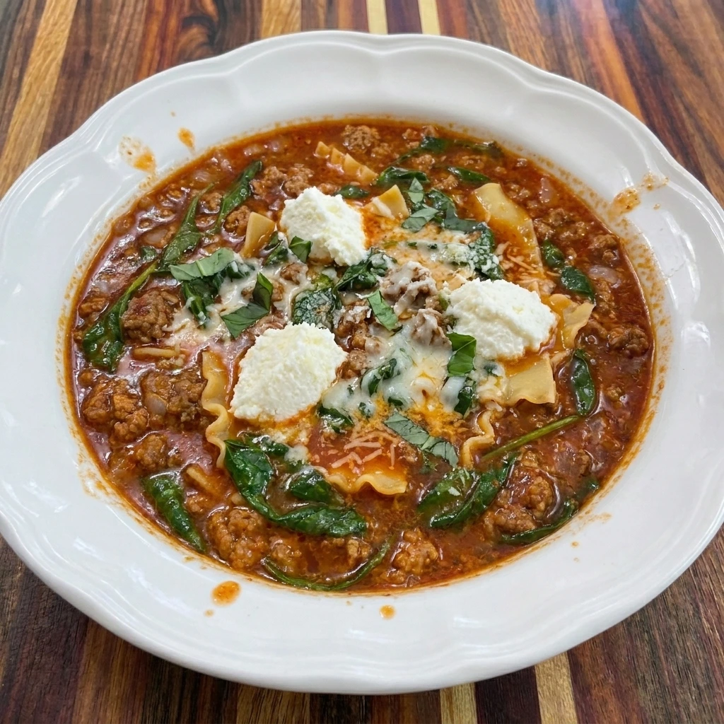 Serve with creamy cheese and basil for Lasagna Soup