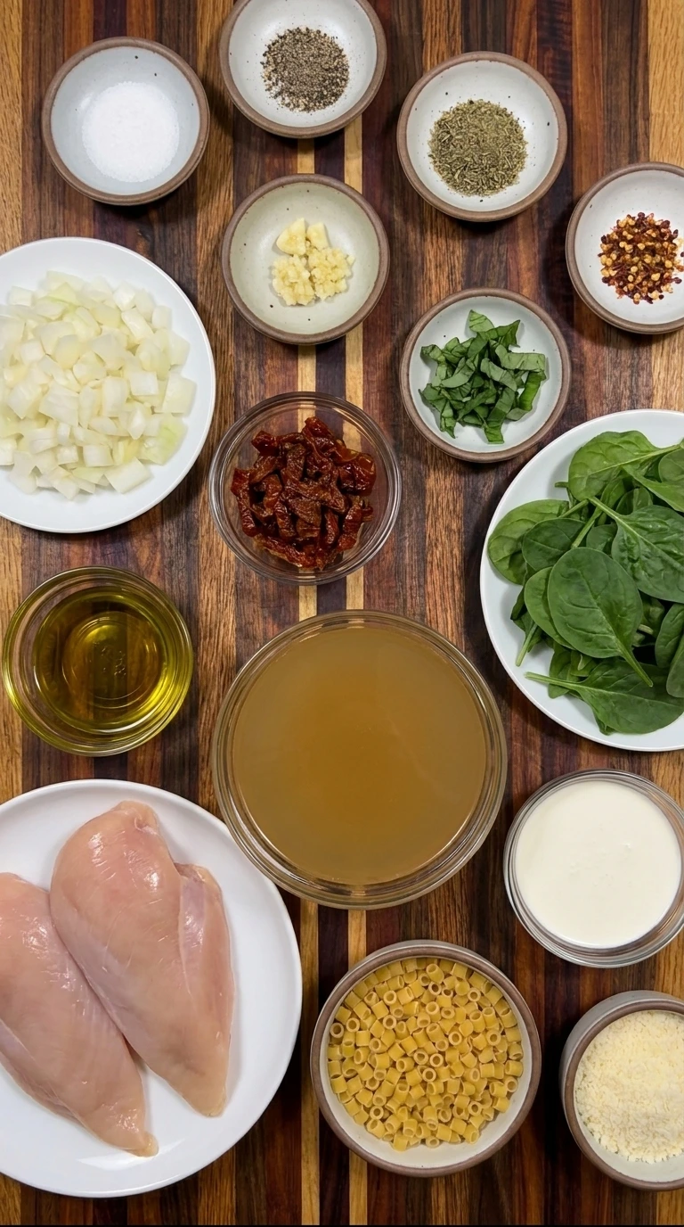Ingredients for Marry Me Chicken Soup arranged in separate small containers