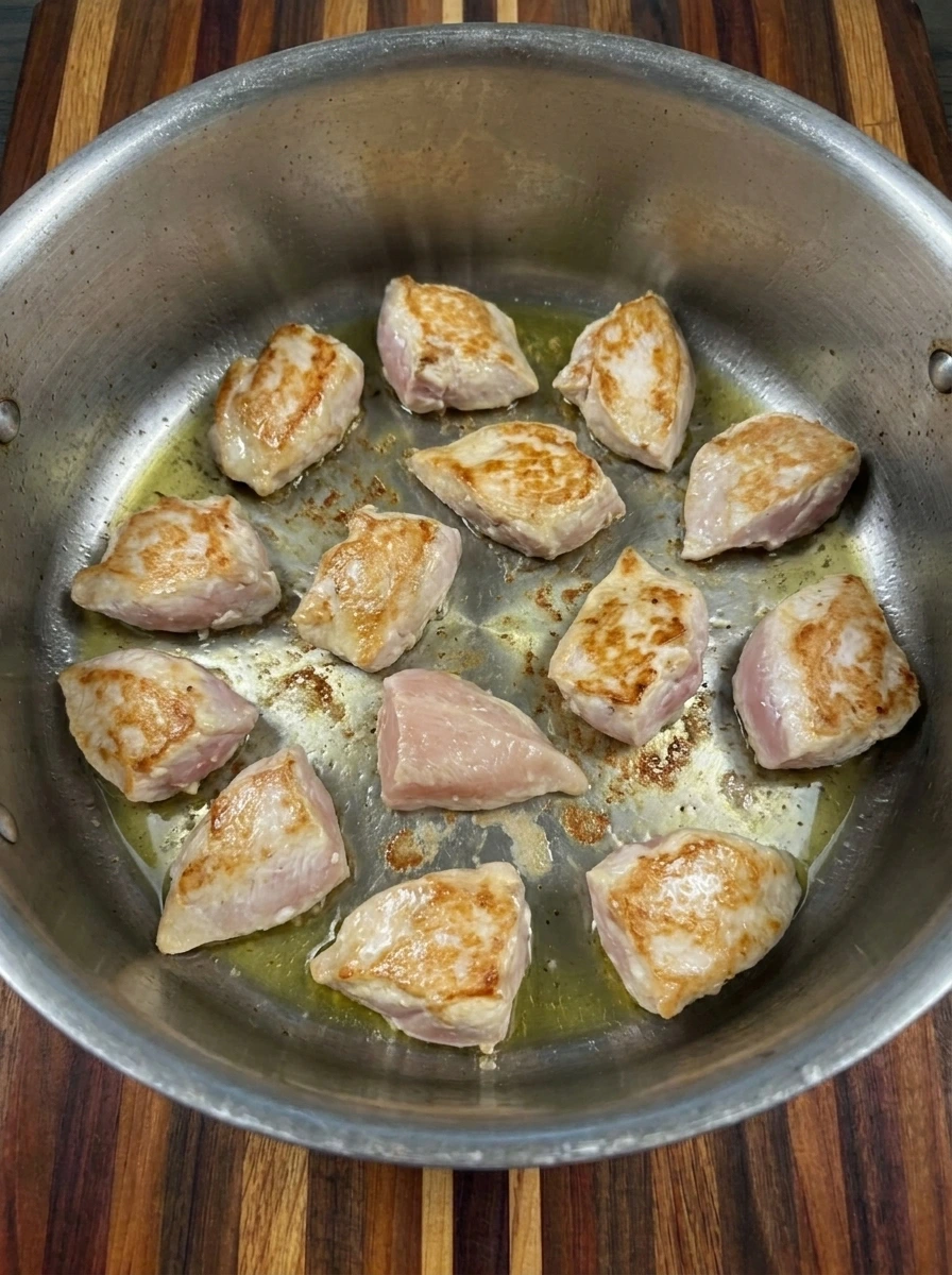 Chicken pieces browning unevenly in a large pot