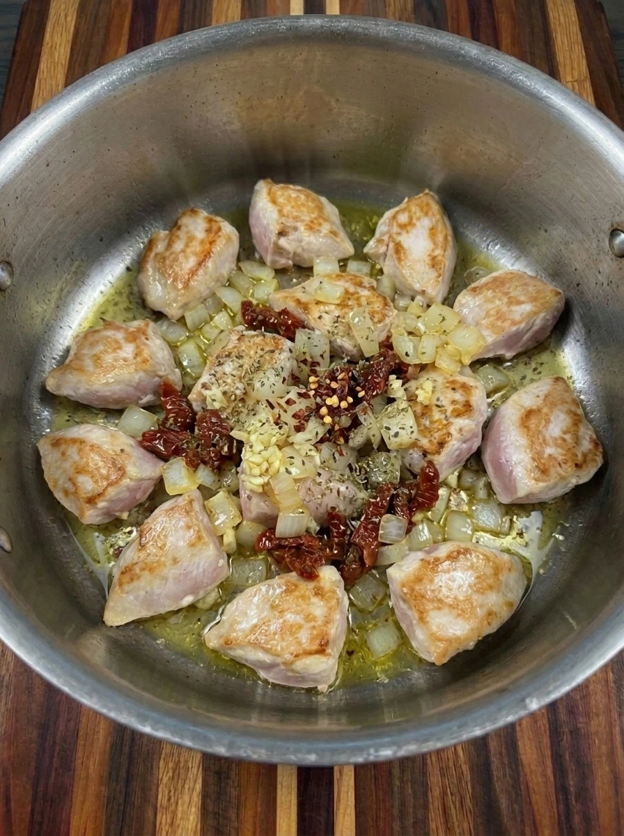 Chicken with softened onion garlic and sun dried tomatoes