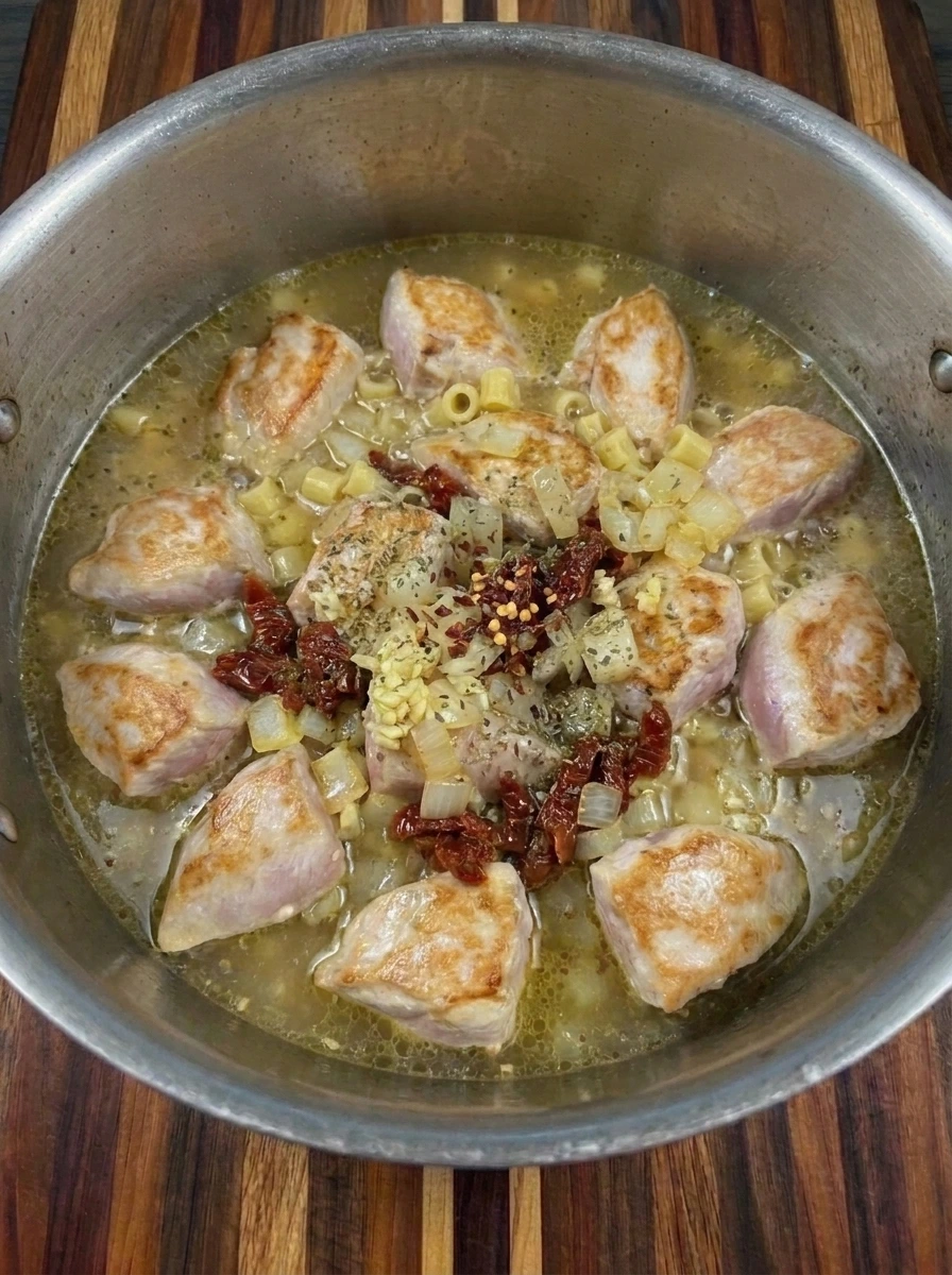 Small pasta simmering with chicken in broth