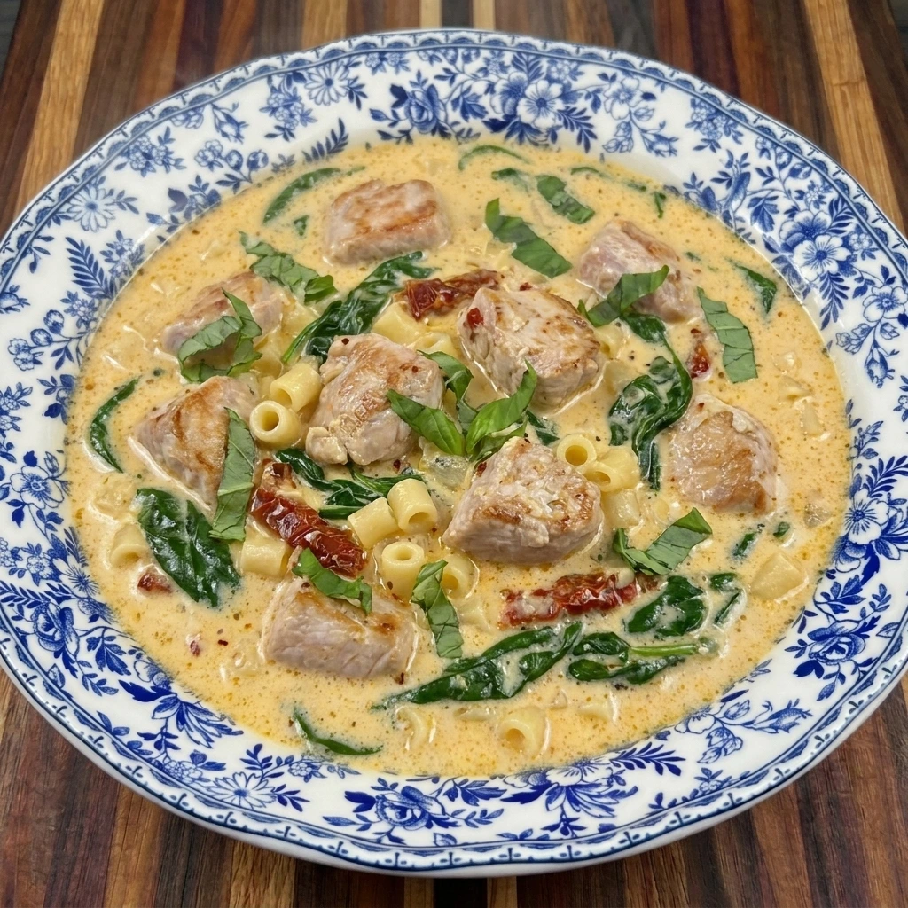 Single bowl of Marry Me Chicken Soup with wilted spinach
