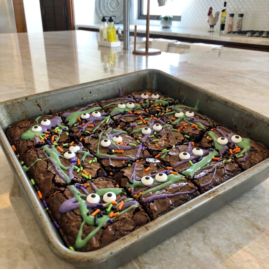 Monster Mash Brownies with colorful candy swirls and candy eyes