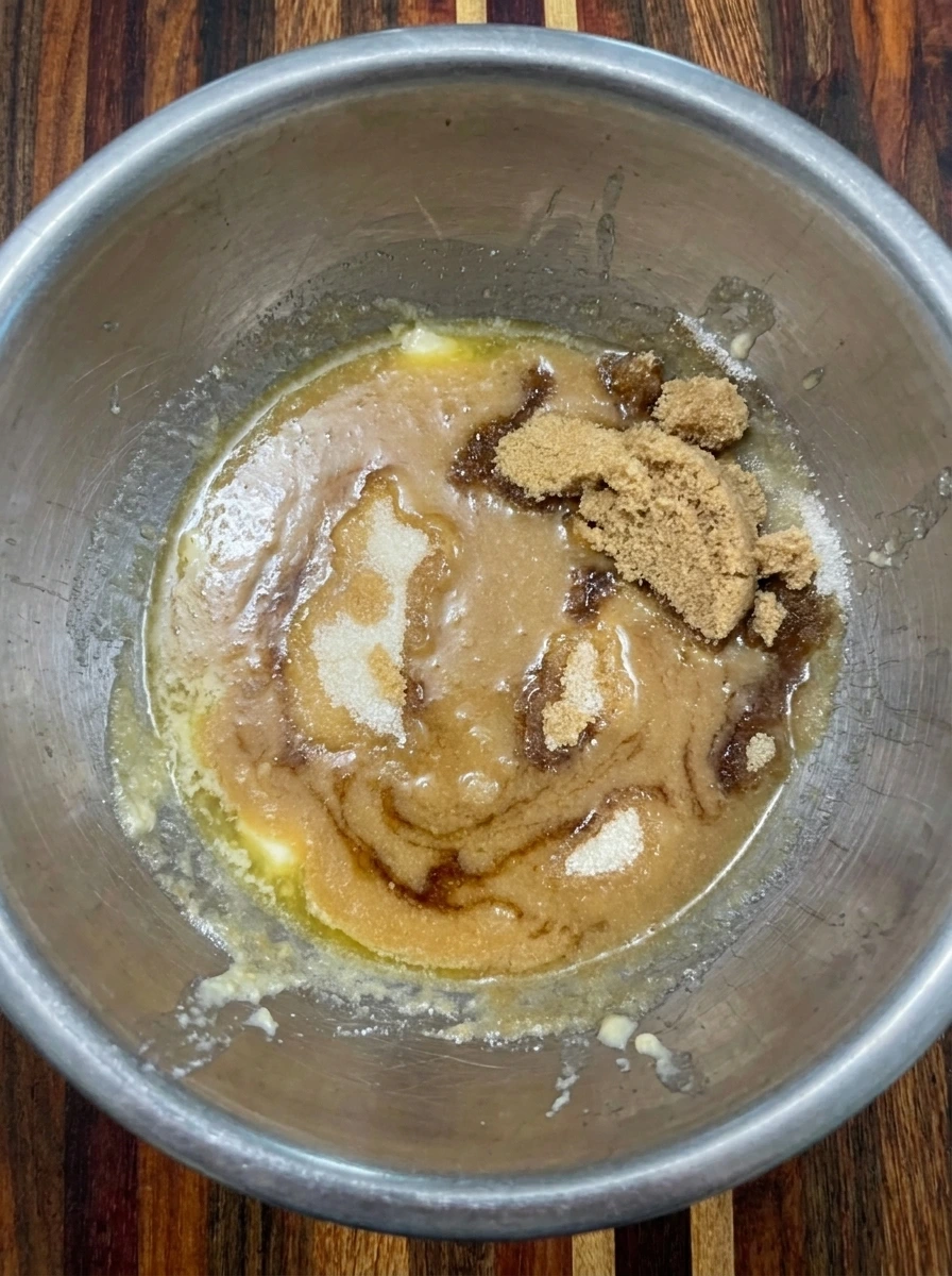 Melted butter mixed with brown sugar and granulated sugar