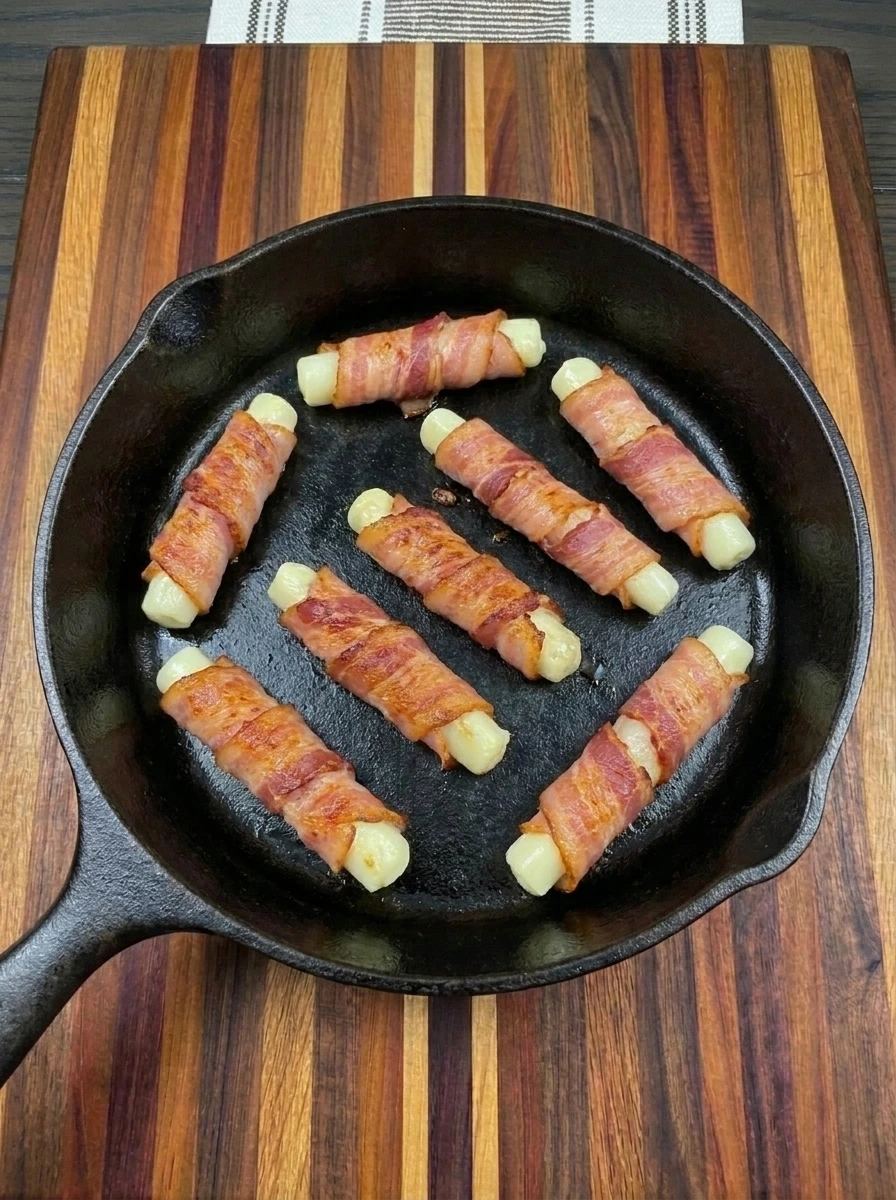 Bacon wrapped mozzarella sticks flipped and crisped