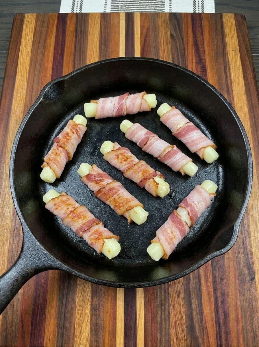 Bacon wrapped mozzarella sticks browning on the first side