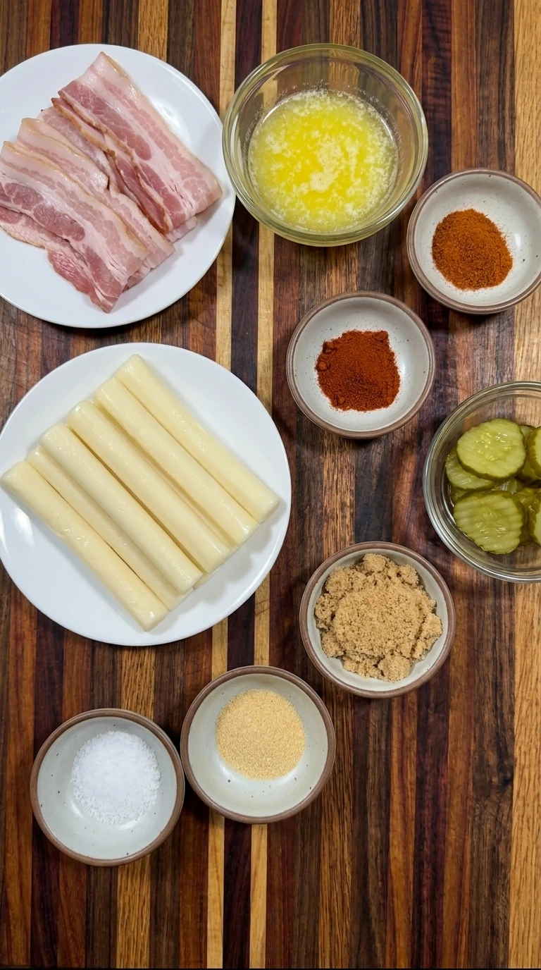 Ingredients for Nashville Bacon Mozzarella Sticks arranged in separate containers