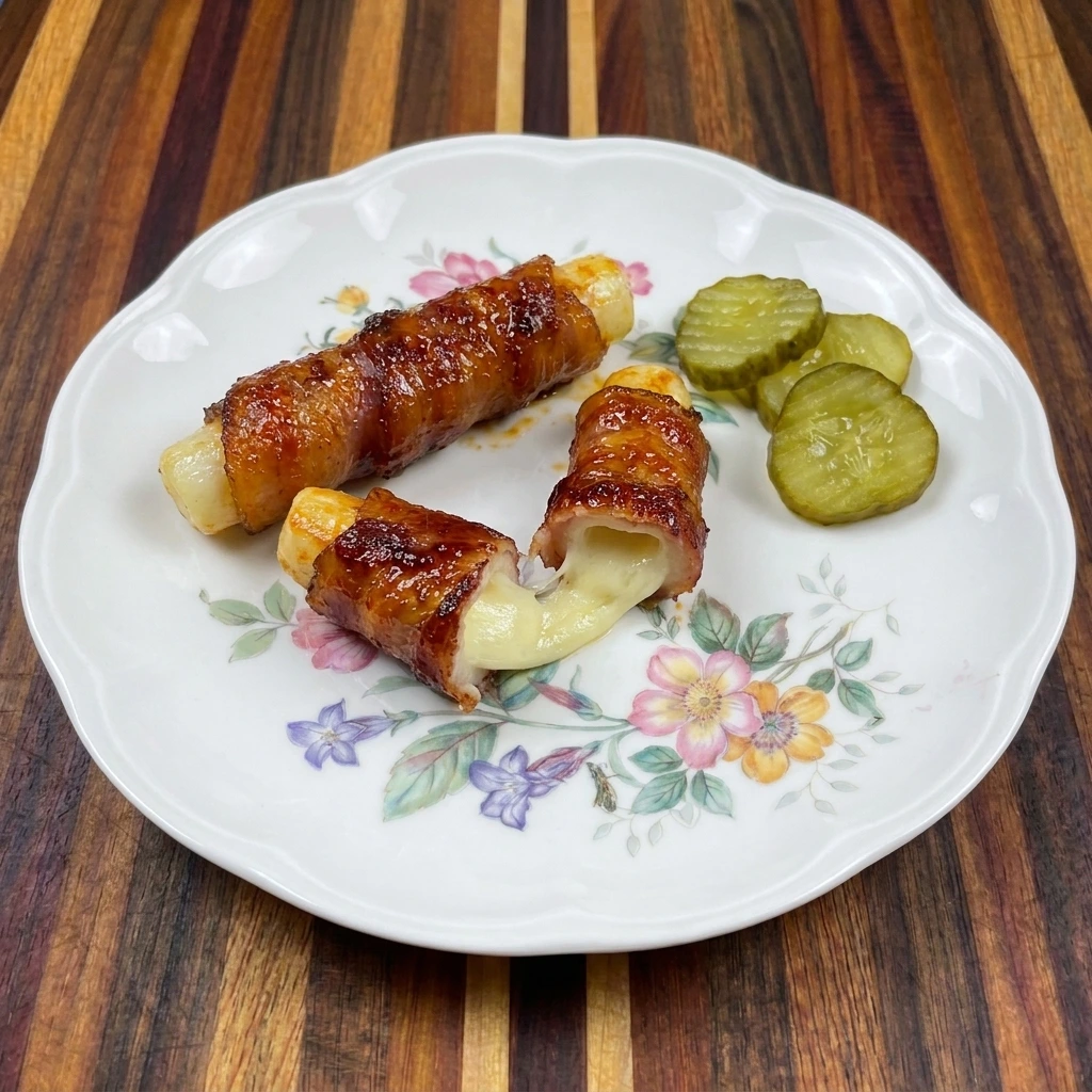 Serving of Nashville Bacon Mozzarella Sticks with melted cheese and pickles